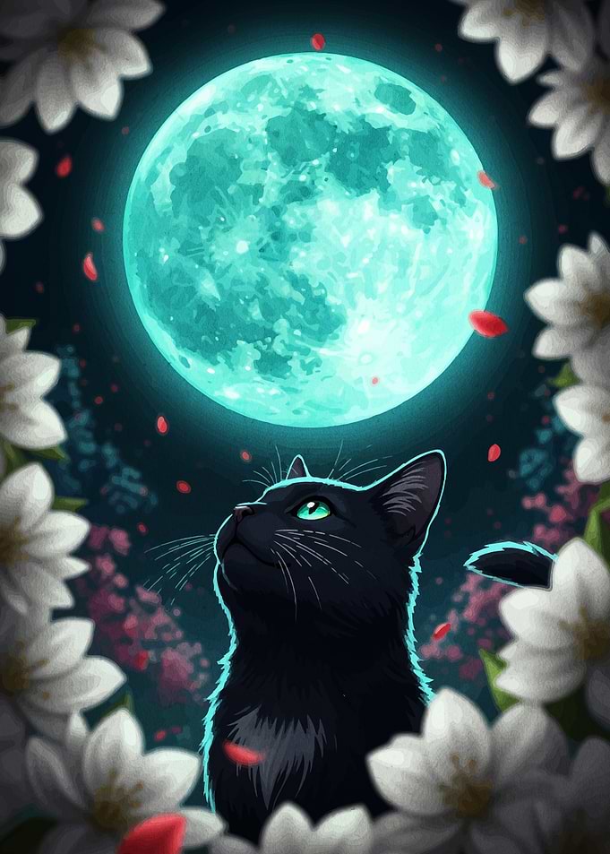 Black Cat Gazing at Moon