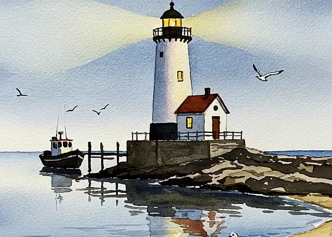Watercolor Lighthouse Scene with Boat