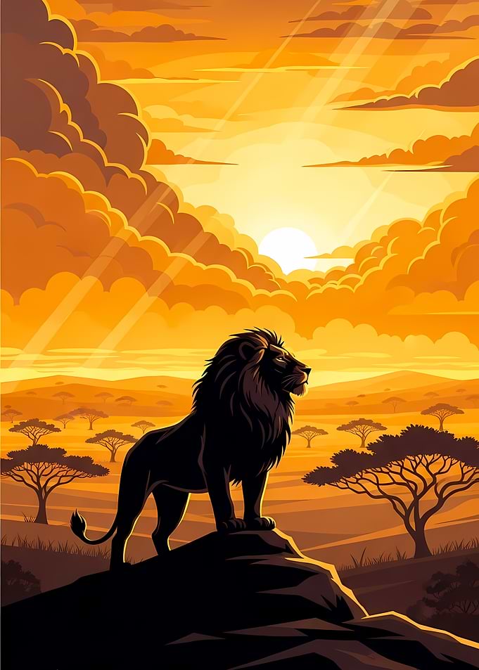 Lion on Rock at Sunset