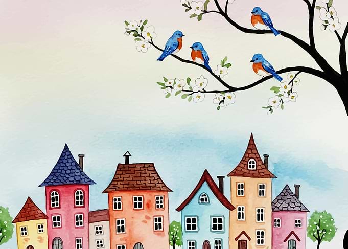 Watercolor Birds and Whimsical Village