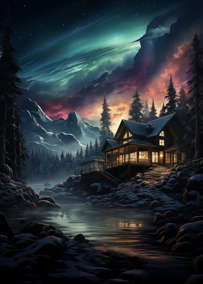 Winter cabin by the river