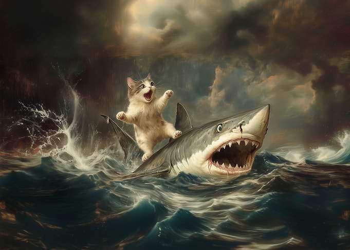 Cat Riding Shark in Stormy Sea