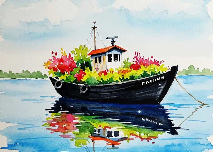 Floral Boat Watercolor Painting