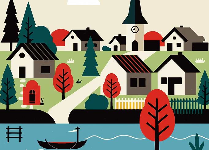 Stylized Village Landscape with Lake