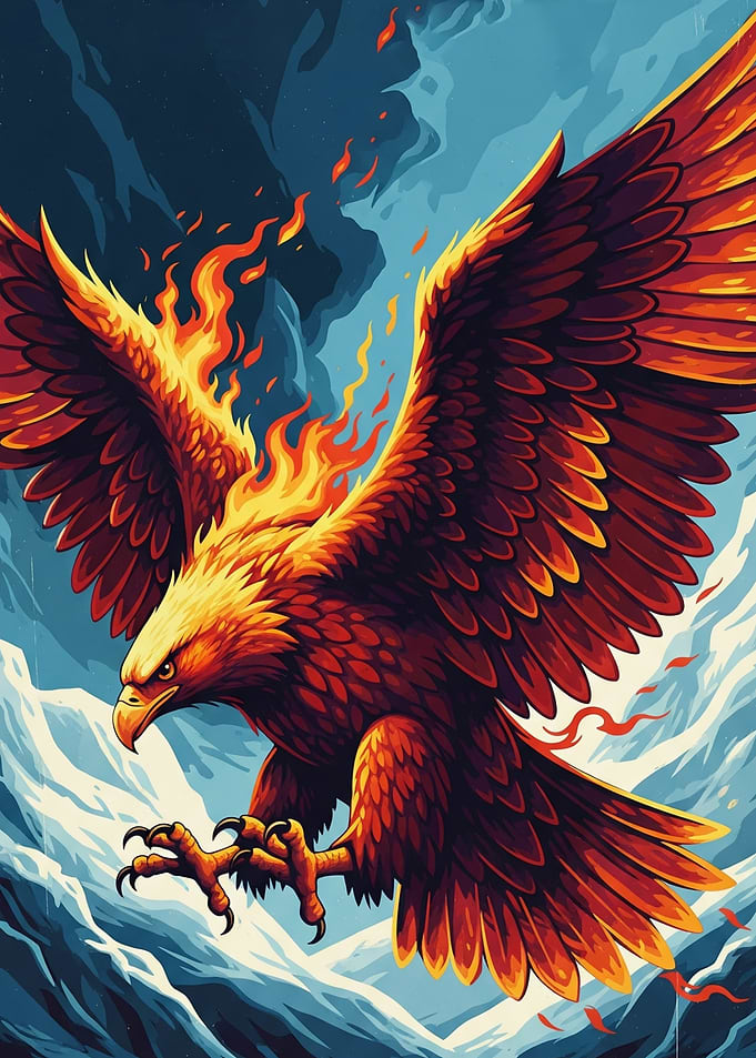 Fiery Eagle Soaring Snowy Peaks