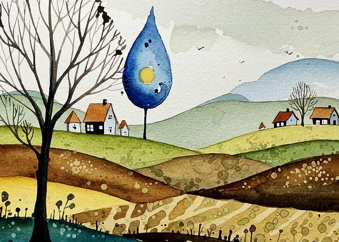 Watercolor Landscape with Houses and Tree