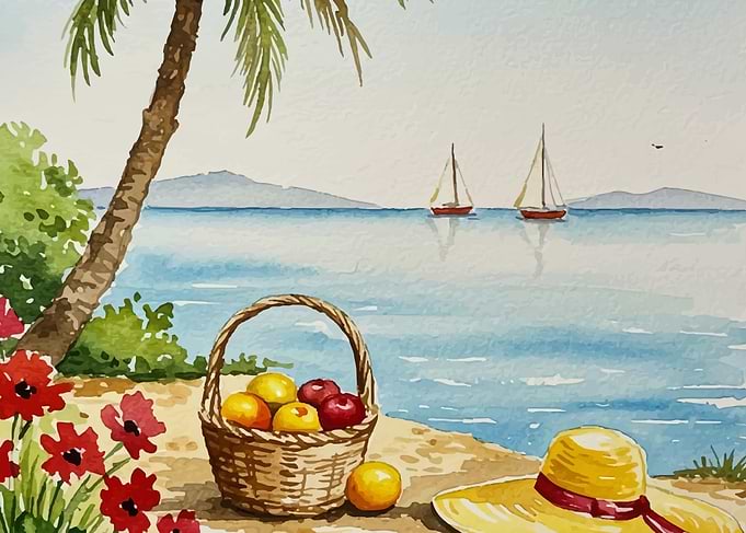 Watercolor Beach Scene with Fruit Basket