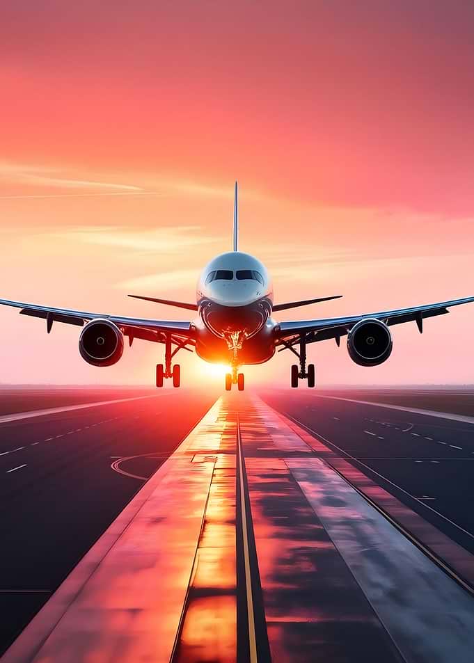 Airplane landing at sunset