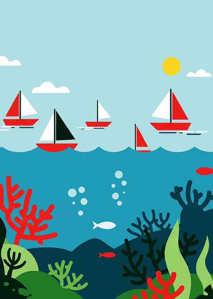 Sailboats and Underwater Scene Illustration