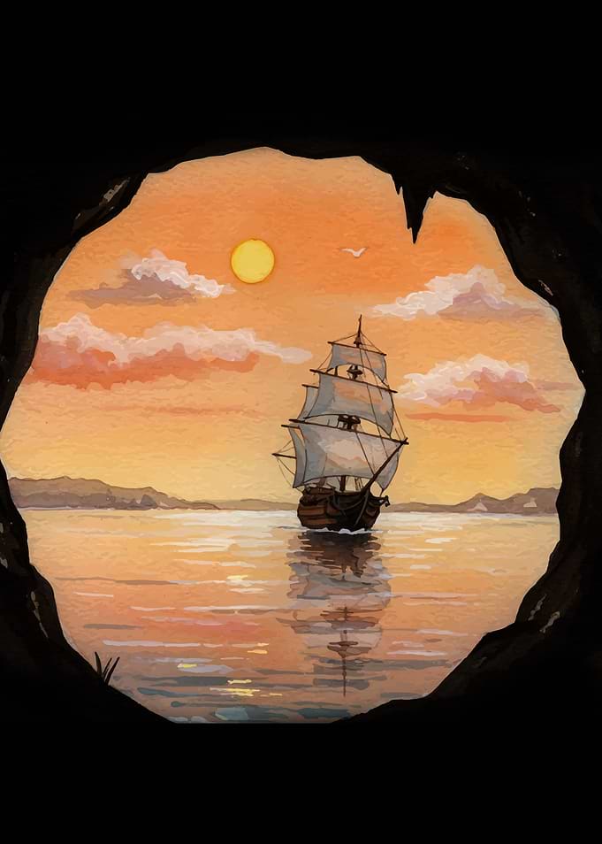Ship at Sea Through Cave Opening