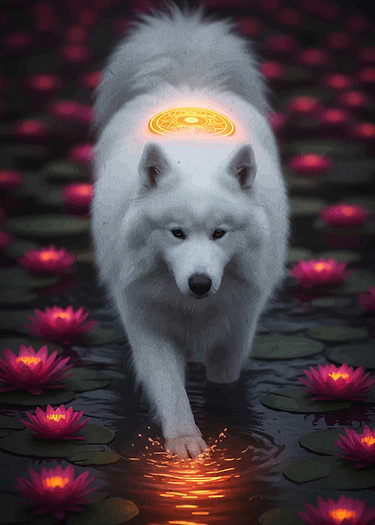 Mystical White Dog in Lily Pond