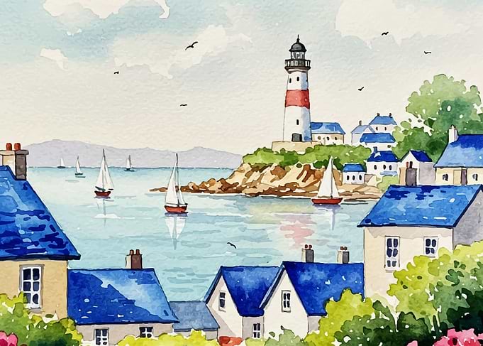 Watercolor Coastal Village with Lighthouse