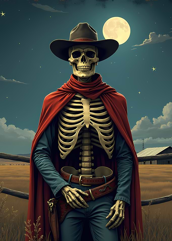 Skeleton Cowboy with Cape in Field