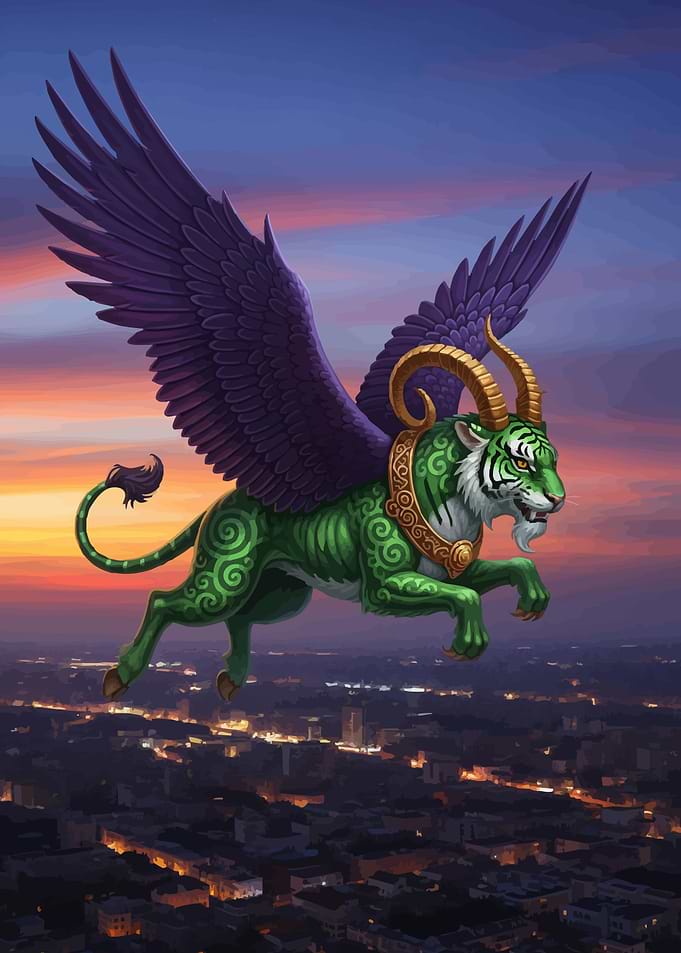 Green Tiger Griffin Flying Over City
