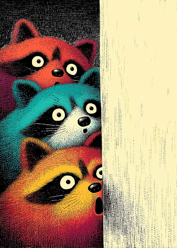 Peeking Raccoons Pop Art — Colorful Vertical Bathroom Wall Art