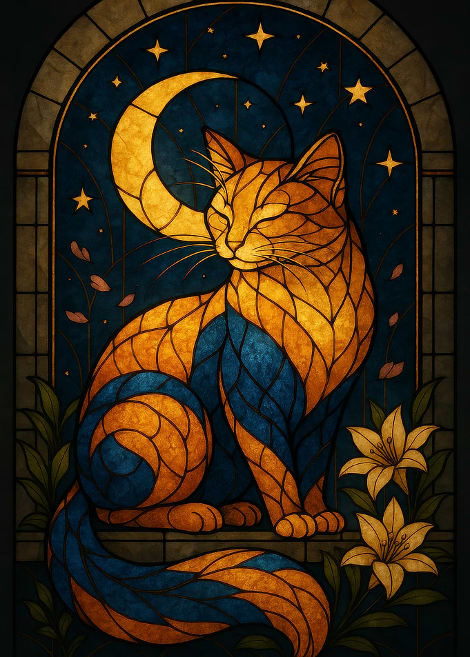Stained Glass Cat and Moon