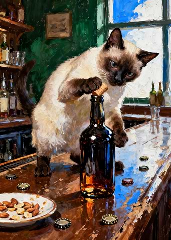 Siamese Cat Opening Bottle at Bar