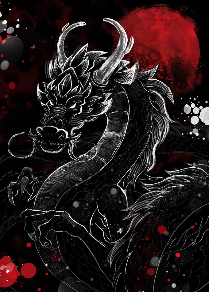 Dragon with Red Moon Digital Art
