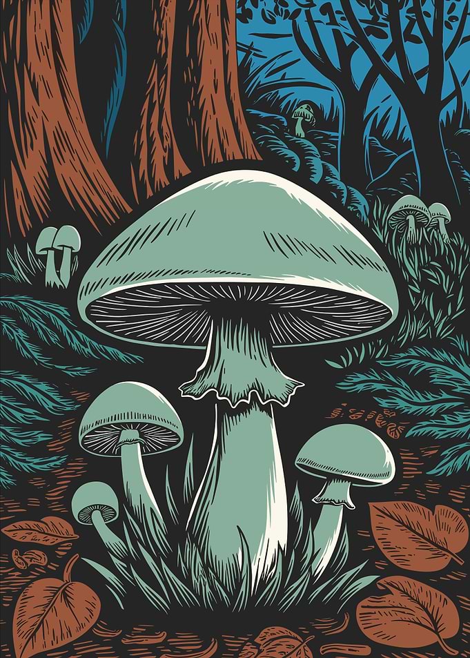 Duck Egg Blue Mushroom Forest linocut Effect Illustration