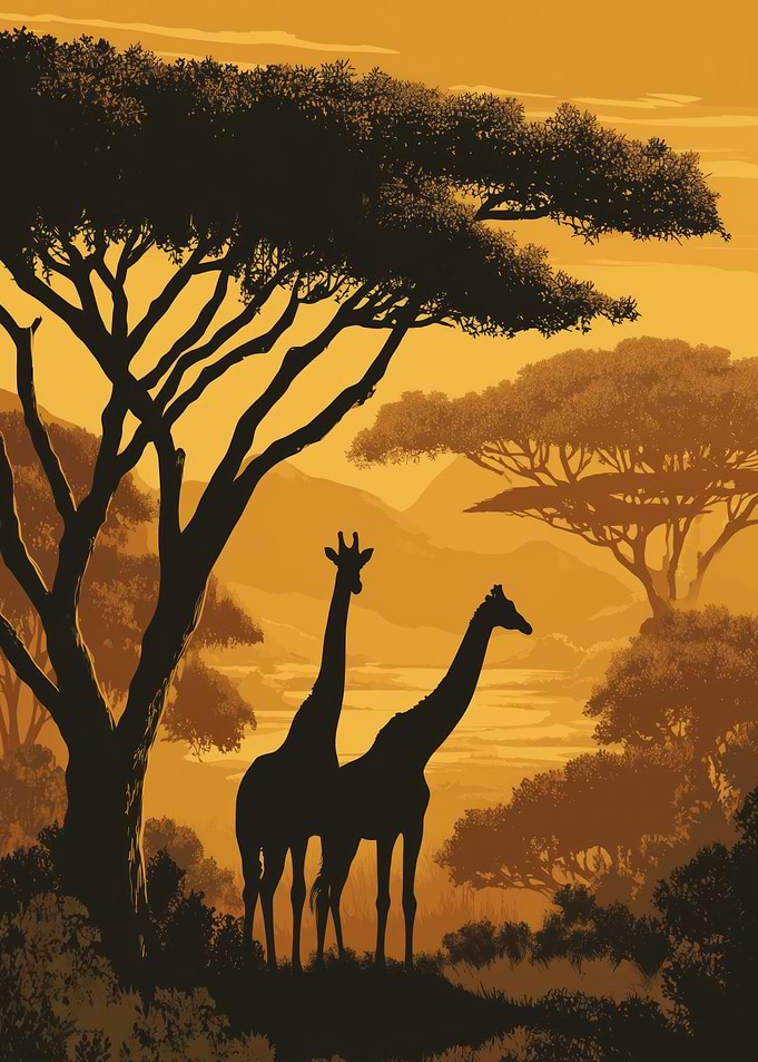 Giraffes in African Landscape Silhouette
