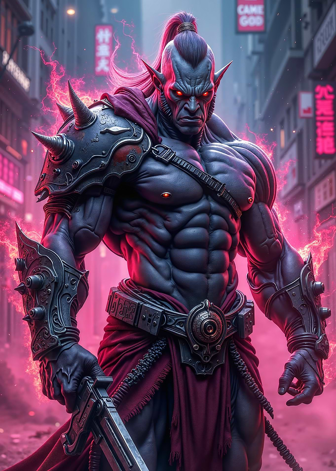 Muscular Orc Warrior in Cityscape