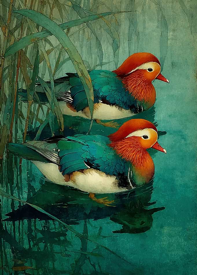 Mandarin Pair in Jade Reeds