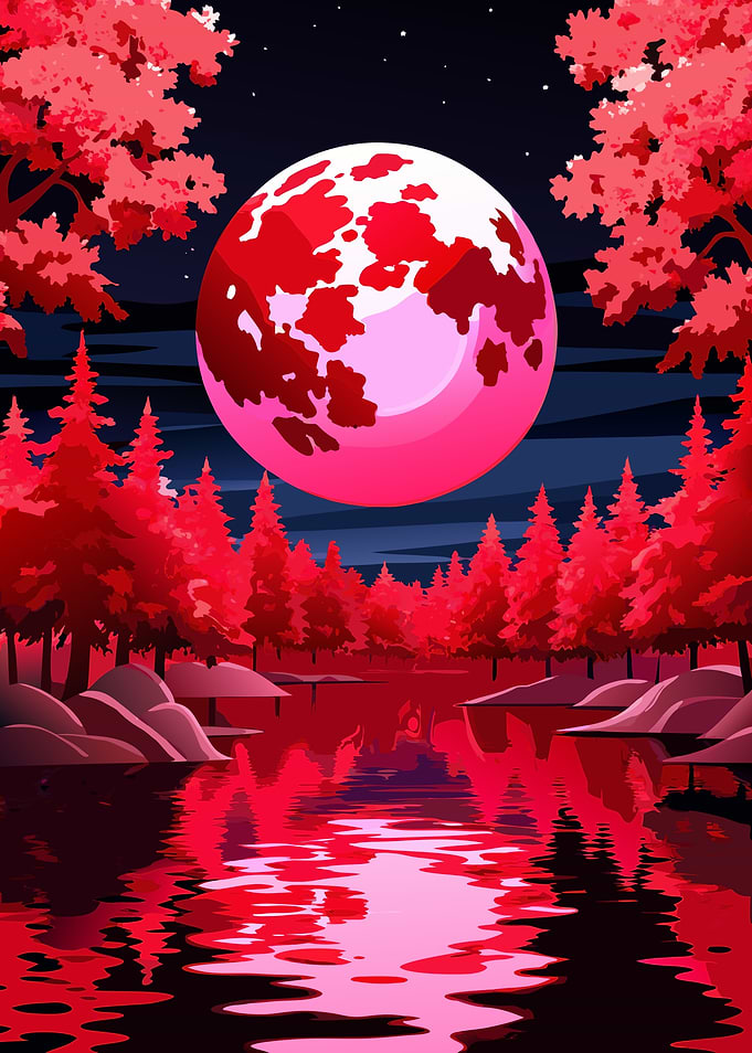 Dramatic Blood Moon Forest Landscape Illustration Metal Wall Print Art