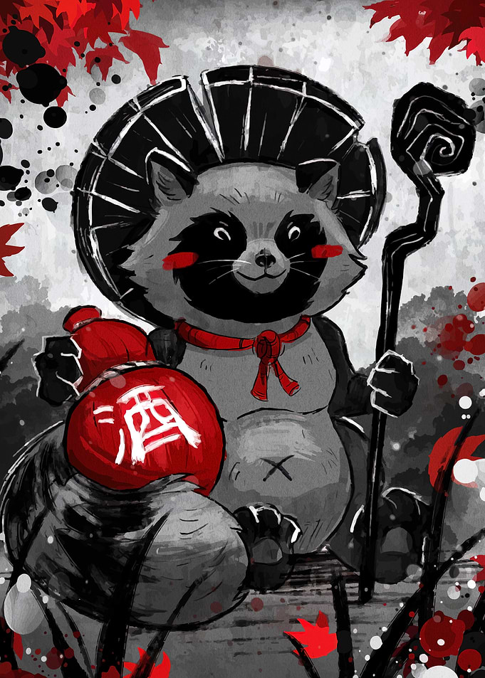 Tanuki with Sake and Staff