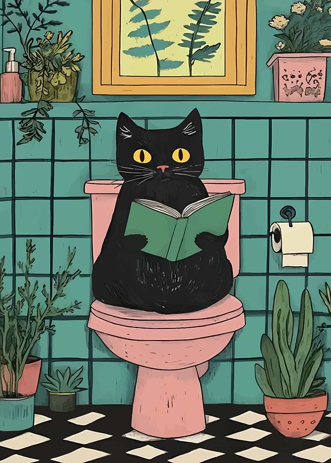 Black Cat Reading on Toilet