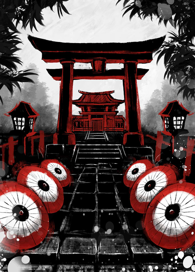 Japanese Temple with Umbrellas