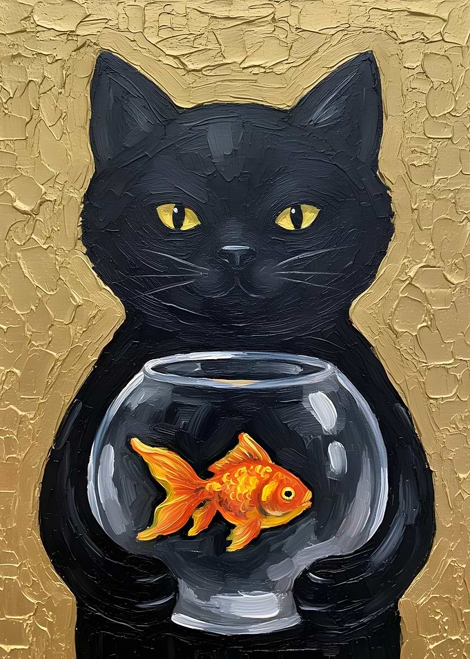 Black Cat with Goldfish Painting