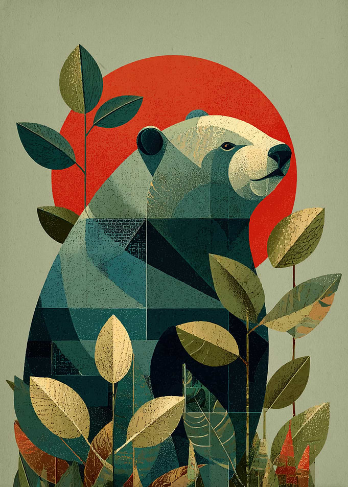 Geometric Bear with Red Sun