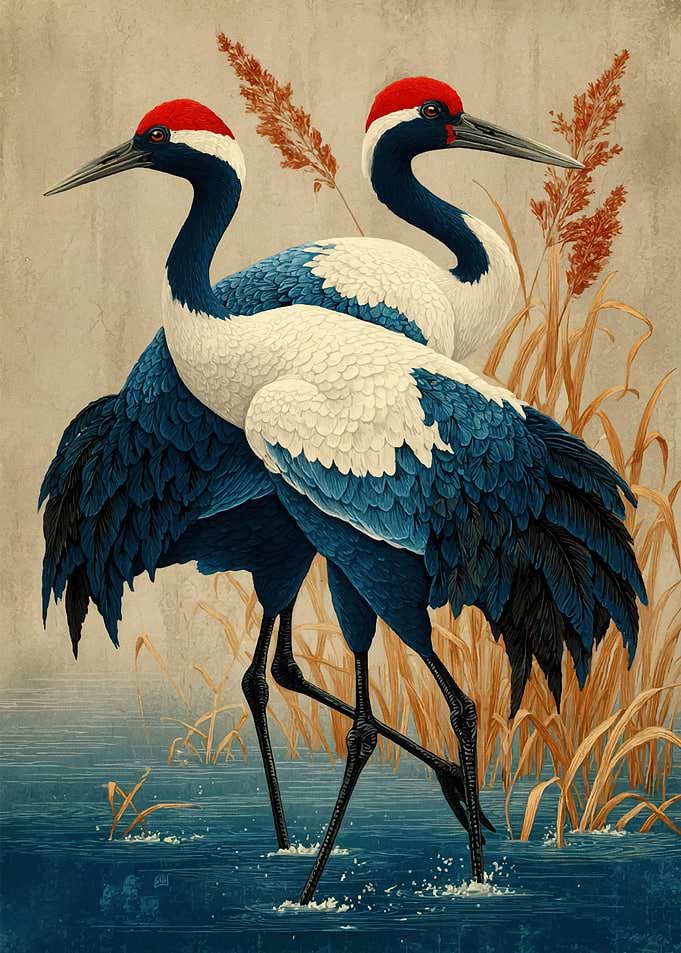 Twin Red-Crowned Cranes in the Marsh