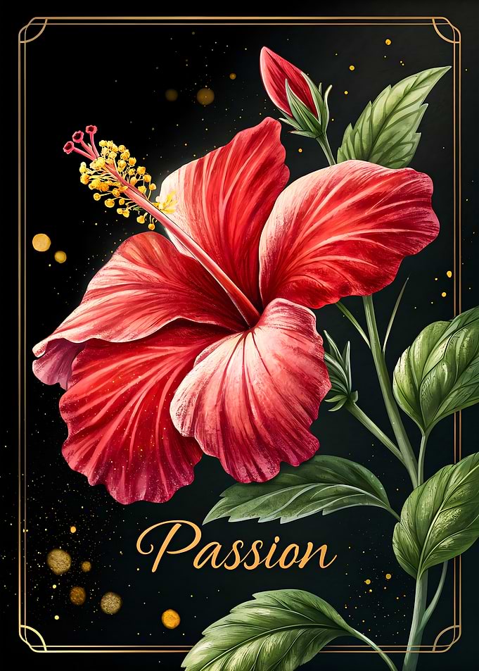 Hibiscus Flower Blooms Passion in Elegant Golden Frame
