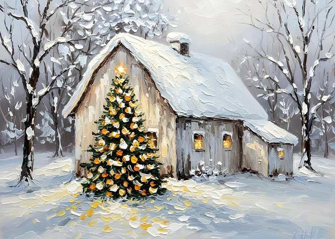 Winter Cabin with Christmas Tree Painting