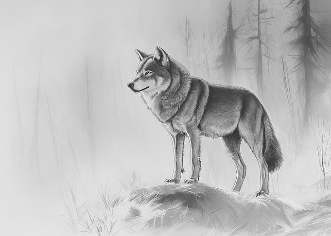 Wolf in grayscale forest illustration