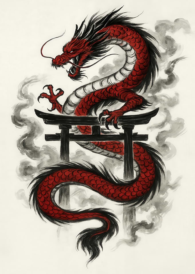 Red Dragon and Torii Gate Art
