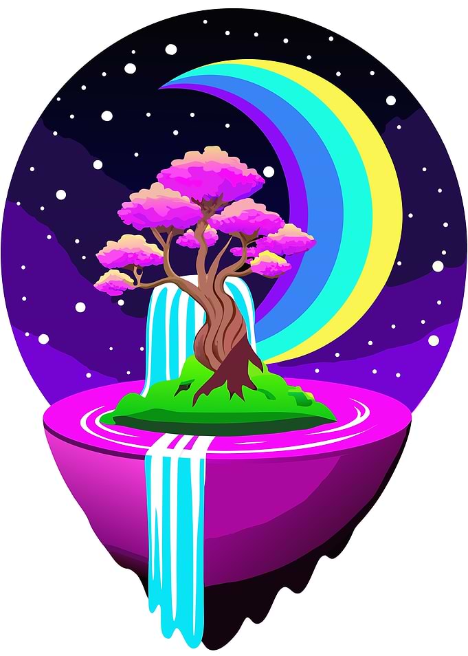 Mesmerizing Cosmic Bonsai Island Floating in Space Metal Wall Print Art