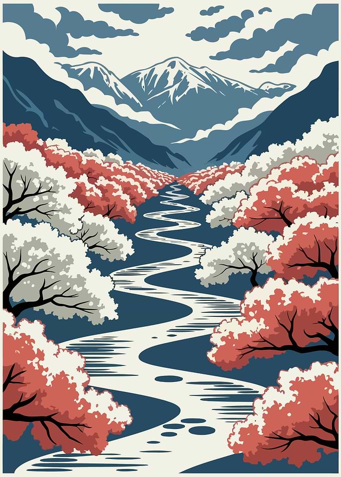 Japanese Mountain River Landscape with Cherry Blossoms