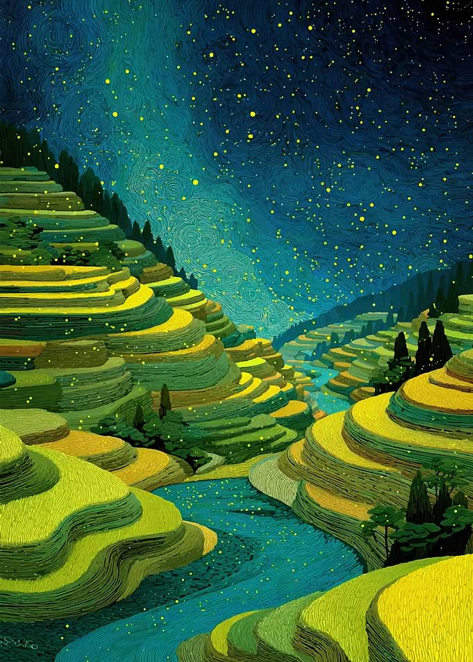 Terraced Fields Under Starry Night