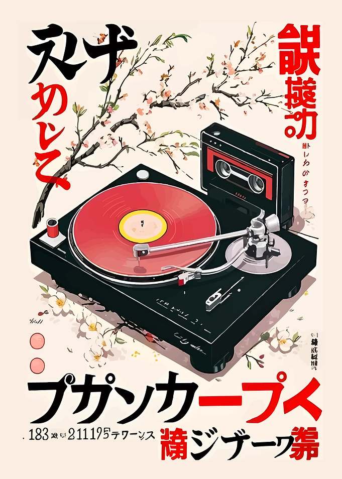 Turntable and Cassette Player with Cherry Blossoms