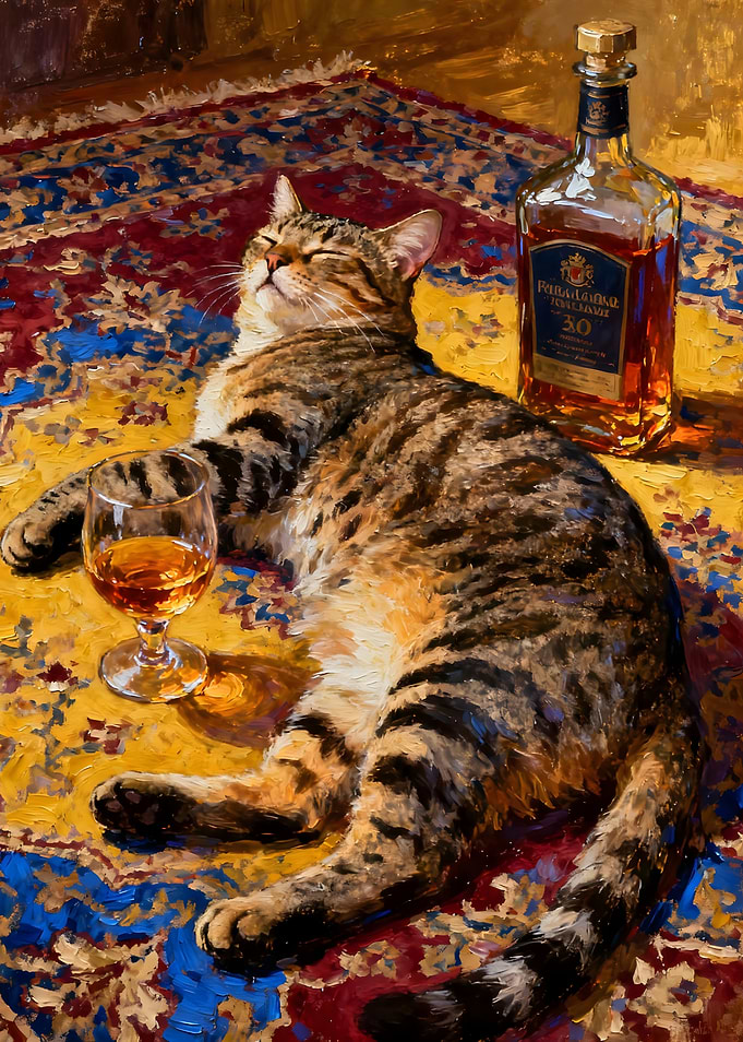 Cat, Whiskey, and Relaxation Painting