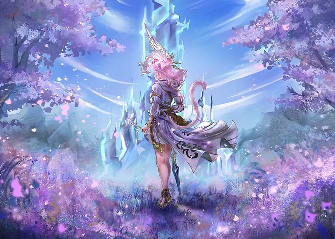 Fantasy Catgirl in Lavender Landscape