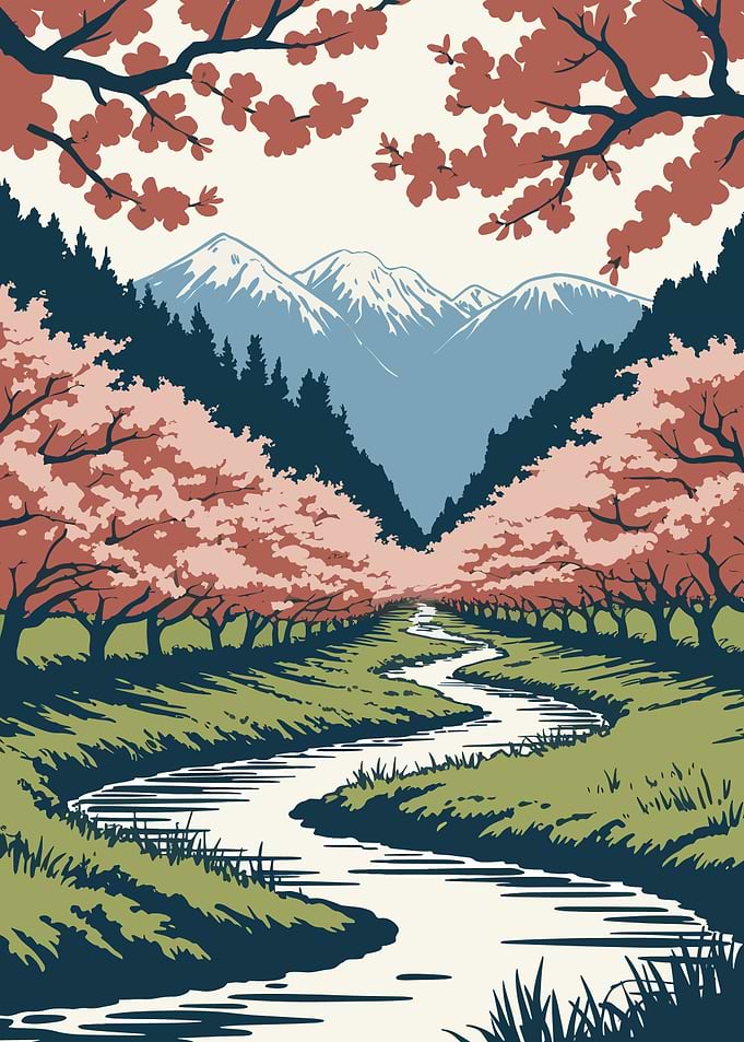 Cherry Blossom River Landscape Illustration