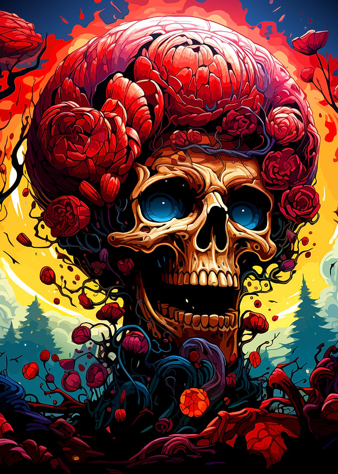 Floral Skull with Blue Eyes