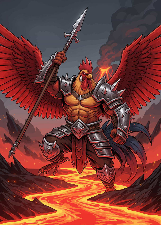 Armored Rooster Warrior Volcanic Landscape