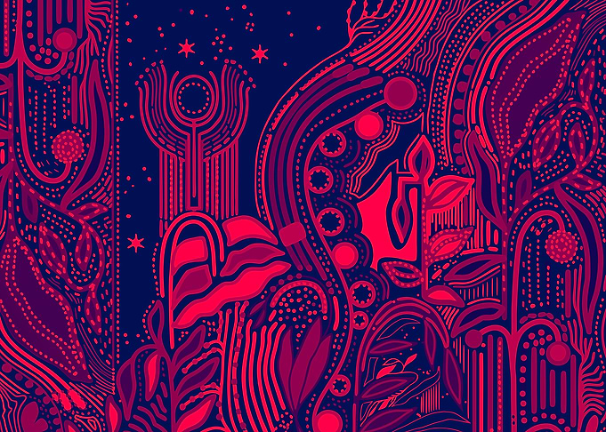 Abstract Floral Pattern in Red and Blue