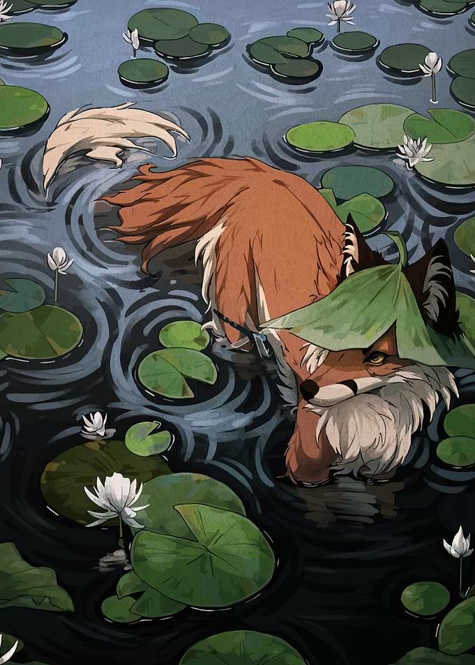 Fox in Lily Pond Illustration
