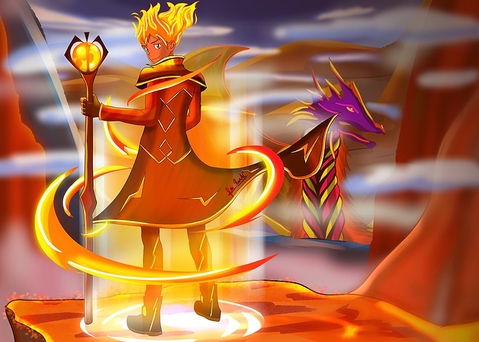 Fire Mage Imaginative Fantasy Character and Dragon Digital Art