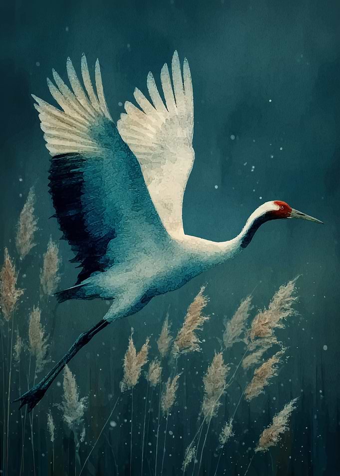 Night Flight of the Red-Crowned Crane
